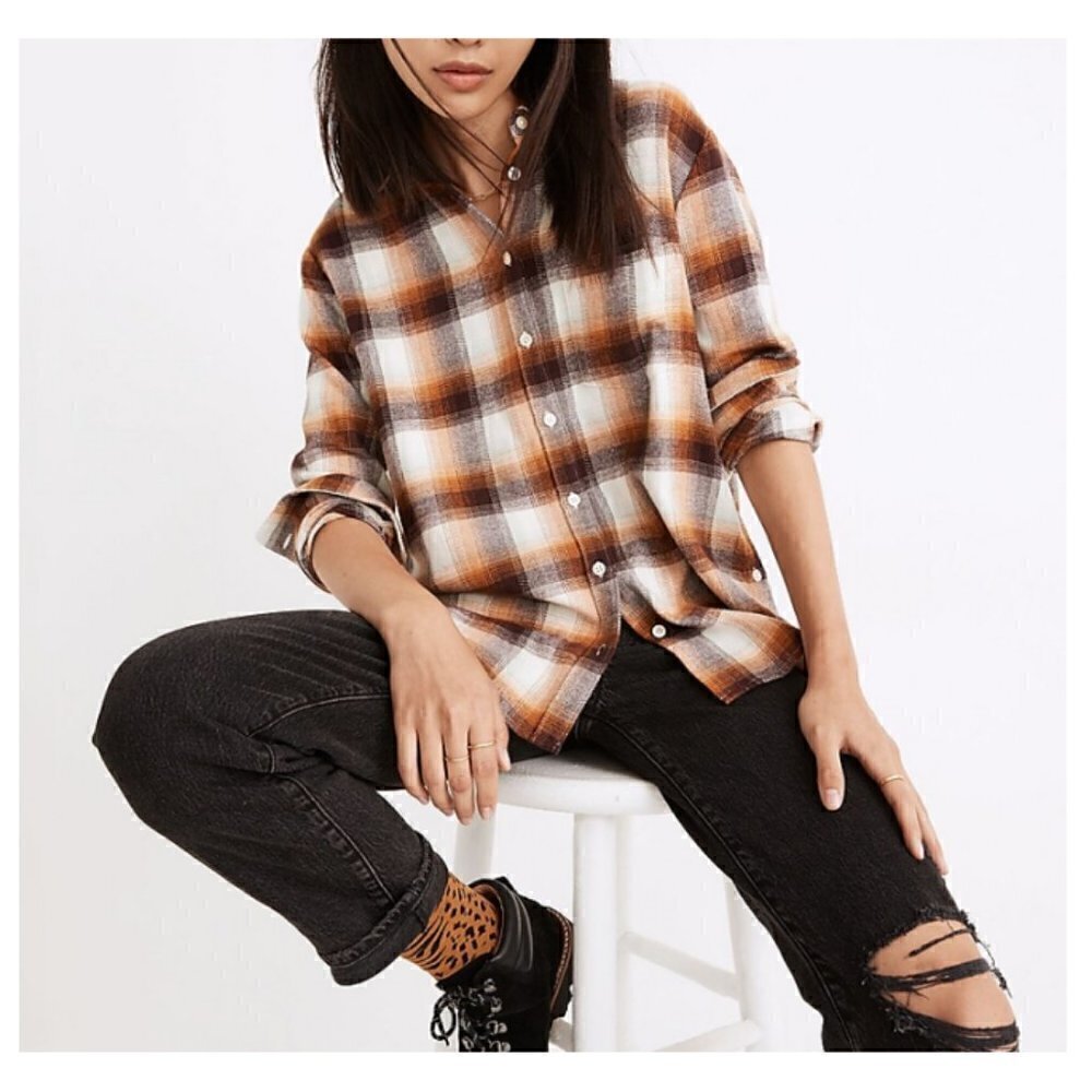 Madewell Flannel Side Button Oversized Ex-Boyfriend Shirt Brown Plaid XS